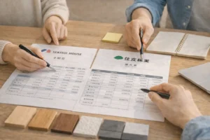 住宅見積もりの条件をそろえて比較表を確認しているイメージ