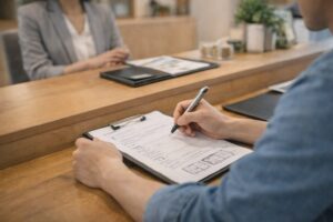 住宅展示場の受付でアンケートを記入するイメージ（担当者割り当ての前提）