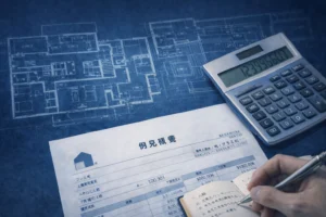 住宅見積もりの総額構造をイメージした図面と電卓