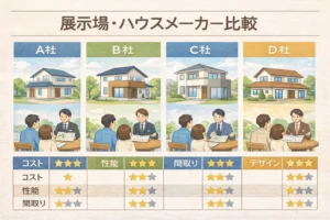 住宅展示場でハウスメーカーを比較するイメージ