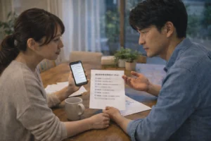 展示場で質問リストを確認しながら相談するイメージ（比較のための質問）