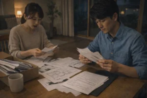 展示場見学後に自宅でメモを見返して比較しているイメージ