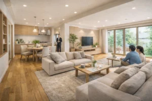 明るいモデルハウスのリビング空間（標準仕様とオプション確認のイメージ）