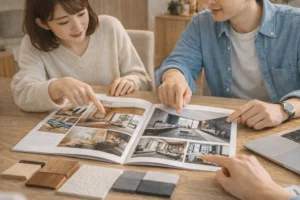 本文画像3 設置位置 <h2>比較の軸②：デザイン・空間の方向性で差が出やすい</h2> の直下 ファイル名 sekisuihouse-sumitomoringyo-design-space.webp alt 木の質感と上質な空間デザインを比較しながら好みを整理するイメージ 画像制作プロンプト 住宅デザイン比較をテーマにした本文用画像。上質な木の質感がある空間と、洗練されたモダン住宅の要素を同時に感じさせる構図。住宅雑誌や実例写真、素材サンプル、床材見本、小さな内装パネルなどを見ながら好みを整理している様子。人物は30代夫婦で、指差ししながら会話している自然な場面。雰囲気重視か安定感重視かで迷うニュアンス。ナチュラル、上品、写真風、過度な演出なし、文字入れなし。