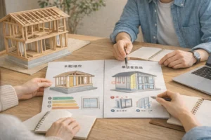 住宅の構造や性能の違いを図面と模型で比較しているイメージ