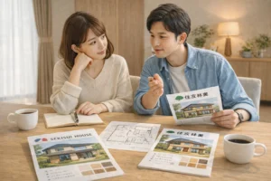 積水ハウスと住友林業の資料を前に比較の軸を整理しているイメージ