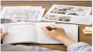 自宅で住宅展示場の資料とメモを整理している手元のイメージ