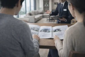 住宅展示場で説明を受けながら迷っている検討者のイメージ