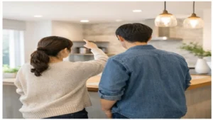 モデルハウス内で設備仕様をチェックする様子の後ろ姿イメージ