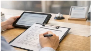 住宅展示場の受付でアンケート用紙とタブレットを確認する手元のイメージ