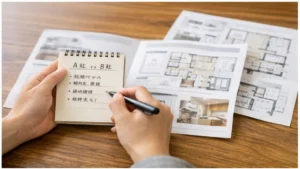 住宅展示場で比較メモを取りながら資料を確認する手元の様子