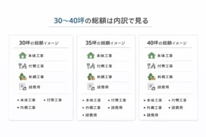 30坪・35坪・40坪の総額イメージを並べて比較する図