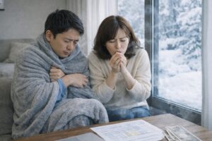 大きな窓のあるリビングで冬の寒さを気にする住宅のイメージ