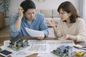 間取り図を見ながら生活動線や収納を確認する家づくりのイメージ