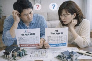 複数の住宅見積もりを比較して迷う家づくり検討者のイメージ