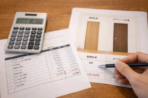 建具の見積と差額を確認しているイメージ