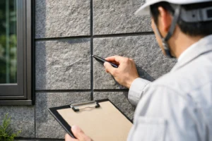 外壁メンテナンスや点検のイメージとして使える住宅外壁確認シーン 