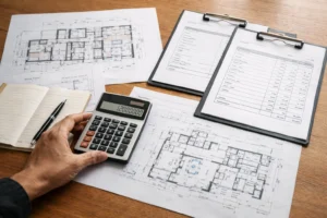 見積と総額を比較しながら住宅予算を確認しているイメージ