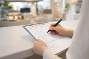 住宅展示場でアンケートに記入している様子