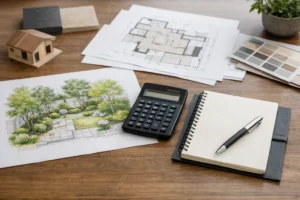 外構費用と植栽計画を比較検討しているイメージ