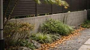 落ち葉や境界付近の枝の問題をイメージした庭木