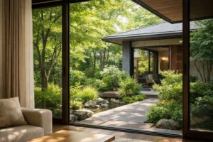 窓から緑が見える暮らしをイメージした住宅外観と庭