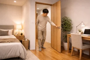 開き戸の可動域と家具配置を確認しているイメージ