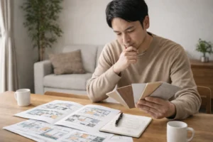 標準仕様で後悔しないか比較検討しているイメージ