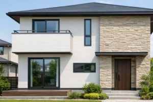 窓仕様と外壁仕様を確認している住宅のイメージ