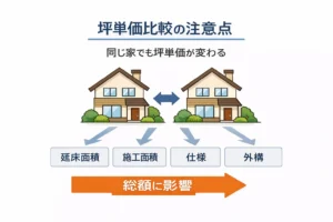 住宅の坪単価が面積や仕様の違いで変わることを示す比較イメージ