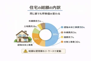 住宅の総額に含まれる本体価格・付帯工事・外構・諸費用の内訳イメージ
