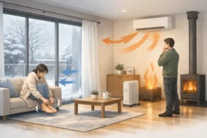 大開口の窓と暖房計画による寒さの違いを考えるイメージ