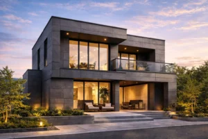 ダインコンクリート外壁の重厚感と深い陰影が伝わる住宅外観イメージ