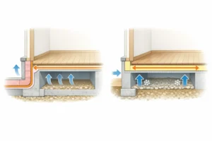 基礎断熱と床断熱の断熱ラインの違いを示すイメージ