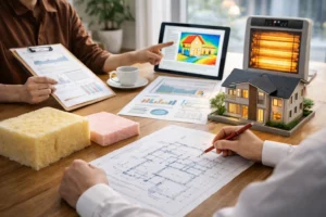 断熱仕様や暖房計画を確認しながら家づくりを検討するイメージ