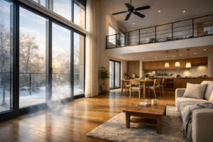 大開口サッシと吹き抜けのある空間で寒さ対策を考える住宅イメージ