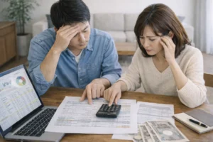 住宅の見積もりと予算を確認しながら悩む家づくり検討者のイメージ