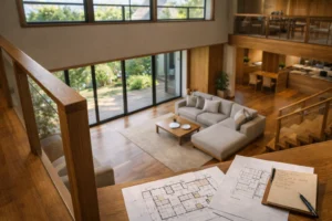 シャーウッドの吹き抜けや大開口の間取りを検討しているイメージ