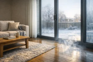 冬の窓際の冷えや体感温度差をイメージしたリビング空間