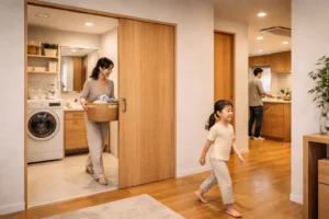 引き戸の使いやすさをイメージした住宅動線の様子