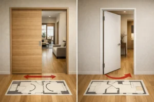 引き戸と開き戸の違いを比較しているイメージ