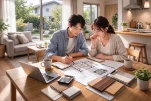 標準仕様で十分か判断している住宅検討者のイメージ 