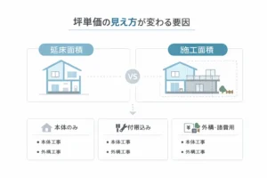 坪単価は面積定義と見積範囲で見え方が変わるイメージ