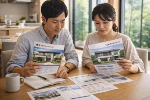 展示場に行く前に比較ポイントを整理する夫婦のイメージ