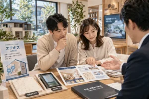 展示場でエアキス仕様を確認する夫婦のイメージ