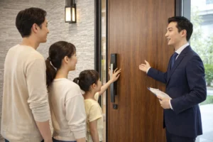 積水ハウス展示場で玄関ドアを確認する家族のイメージ