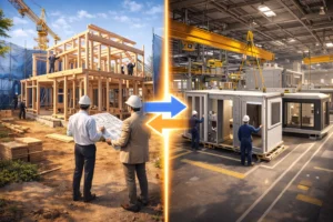 現場施工型とユニット工法の違いを比較するイメージ