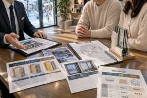 展示場で断熱グレードや窓仕様を比較検討する打ち合わせイメージ