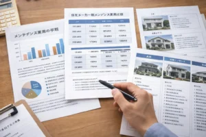住宅メーカーごとの維持費を比較検討するイメージ