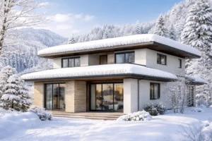 北海道の雪景色に建つ積雪対策をした住宅の屋根イメージ